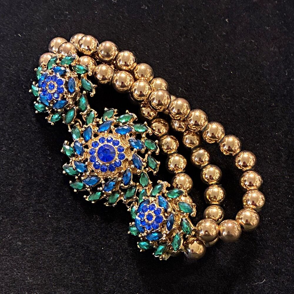 Gold-Tone Beaded Ball Chain Bracelet Blue/Green Rhinestone vintage costume